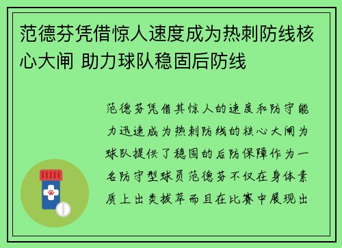 范德芬凭借惊人速度成为热刺防线核心大闸 助力球队稳固后防线 范德芬凭借惊人速度成为热刺防线核心大闸 助力球队稳固后防线
